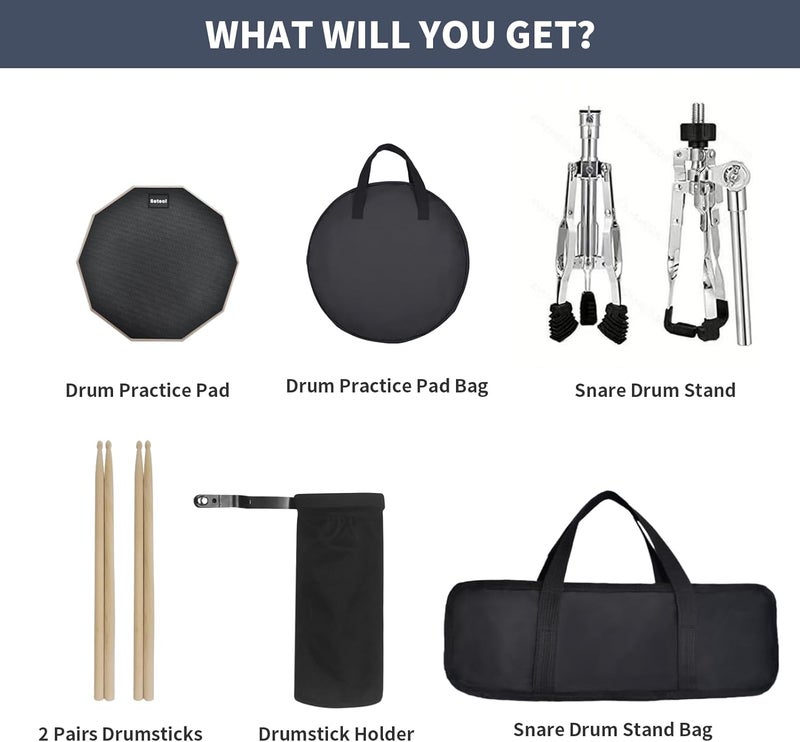 Seteol Drum Practice Pad Set, 12 Inch Double Sided Silent Drum Pad with Storage Bag + Adjustable Snare Drum Stand with Carry Bag + 2 Pair Drum Sticks with Drumstick Holder, Fits 10"-14" Drums (Black) - Image 2
